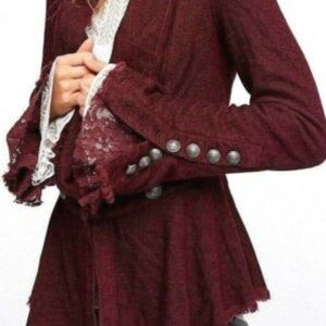 XS Free People Wine Corduroy Jacket Lace Bell Sleeve Military Blazer